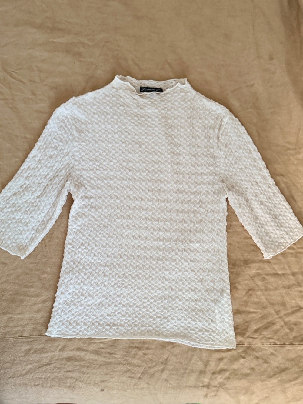 Adrianna Papell Textured Mesh Mock Neck Top | Size S | White | 3/4 Sleeve